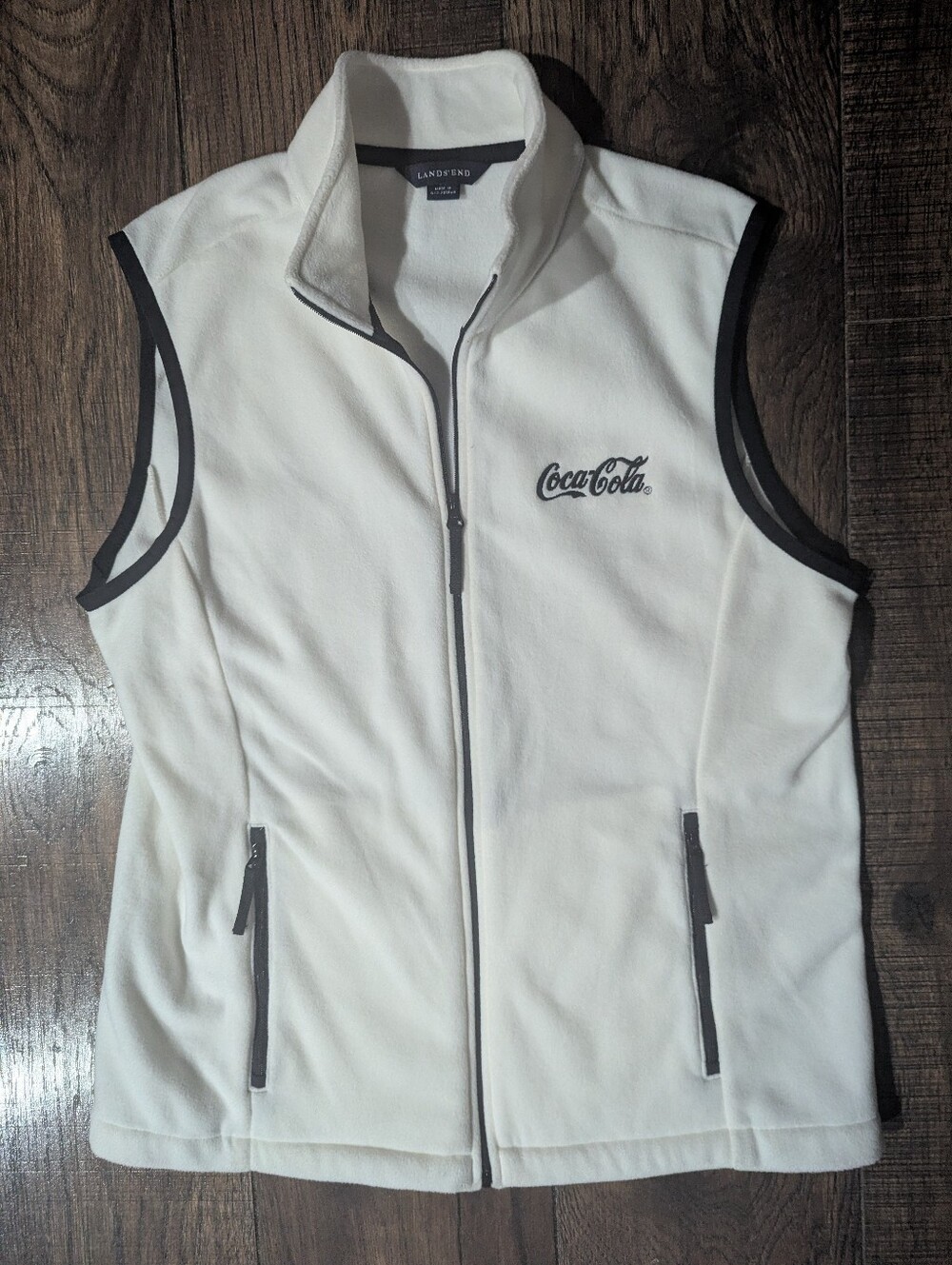Lands End White Microfleece Full Zip Vest Coca-Cola Logo Size S Therma Check